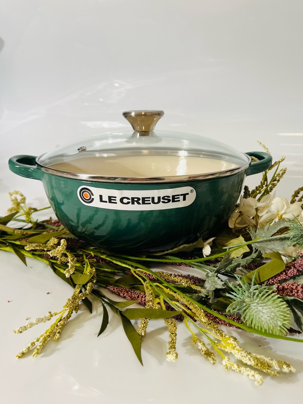 Le Creuset Enameled Cast Iron Soup Pot with vented glass lid Emerald Green 3.5qt